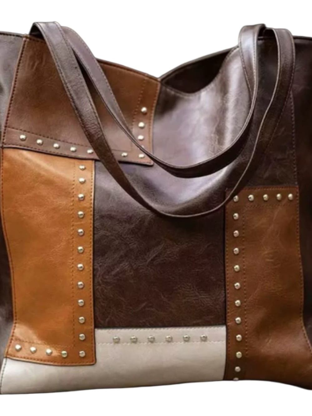 Striped Studded Leather Tote Bag in Brown, Tan & Cream